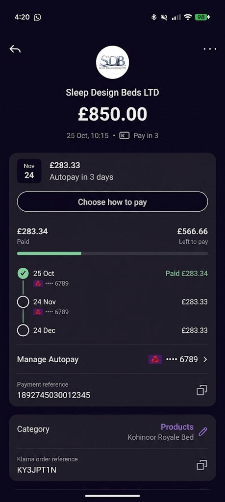 Example Klarna Pay in 3 payment plan for a Sleep Design Beds order