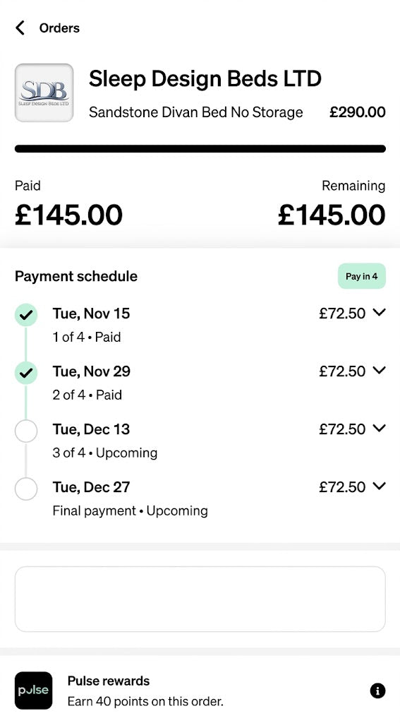 Example Clearpay Pay in 4 payment plan for a Sleep Design Beds order